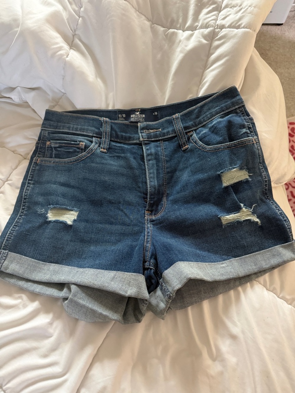 Hollister Dark Wash Rolled Hem Distressed Jean Shorts
